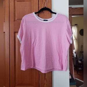 Bubblegum Pink Rue+ Women's Boxy Ringer Tee Top Trimmed In White 1X